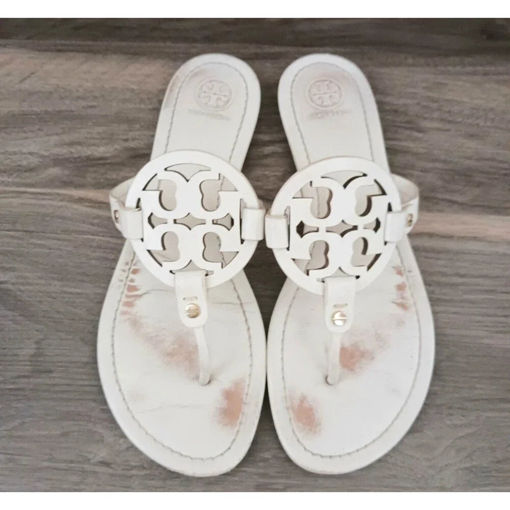 Tory Burch Miller Thong Sandal Ivory Smooth Leather w Dustbag Sz 9M